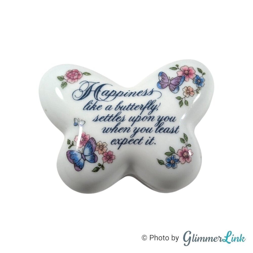 VTG 70s Avon Butterfly Shaped White Porcelain Floral Inspirational Trinket Box
